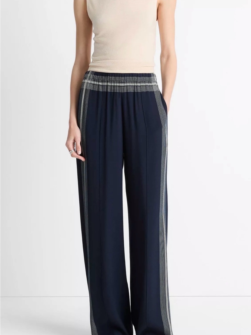 Vince Navy Wide-Leg Track Pants with Contrast Side Stripes - Picture 1 of 4